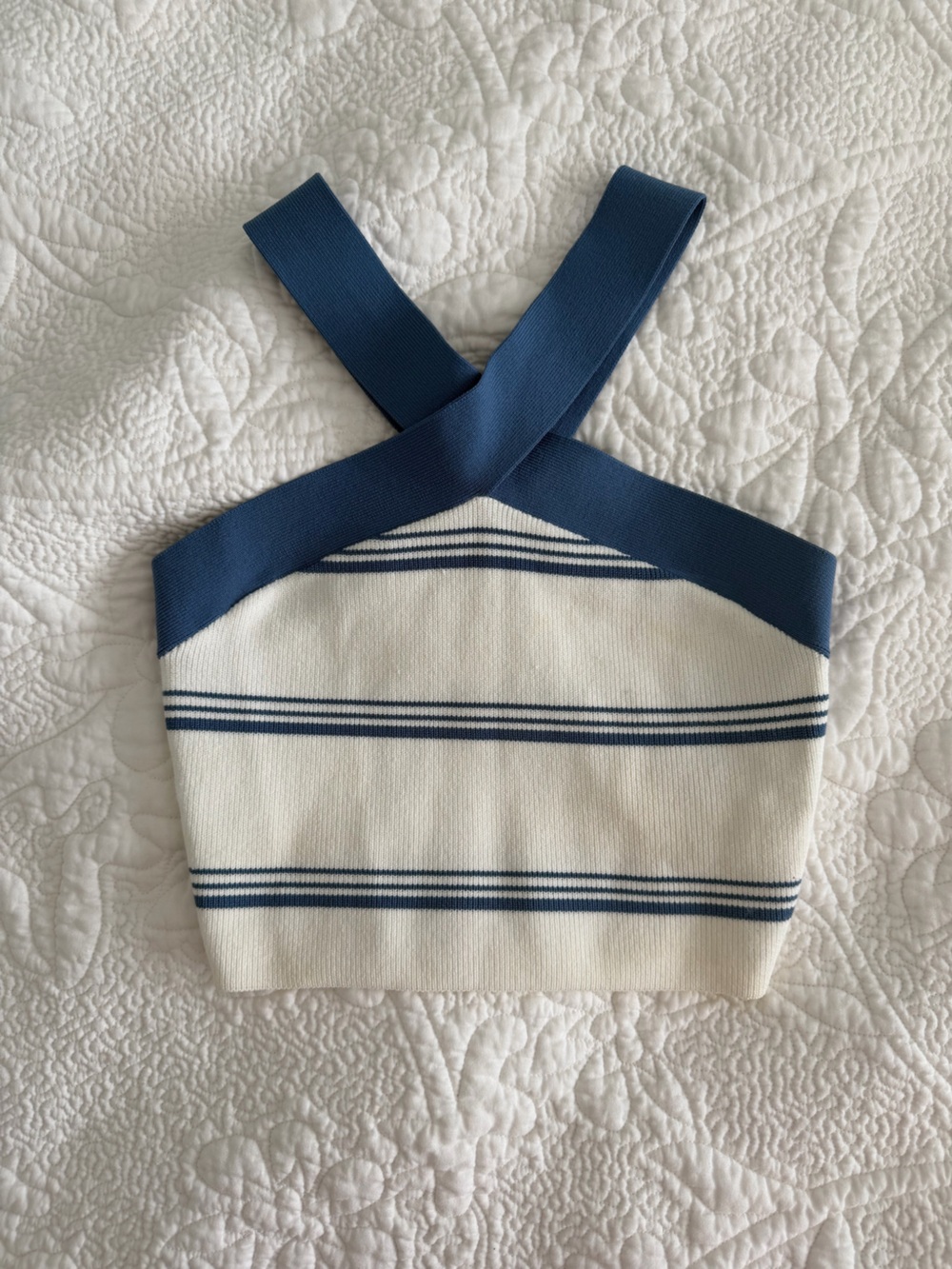 Aritzia White and Navy Striped Cropped Tank with Cross Back Straps